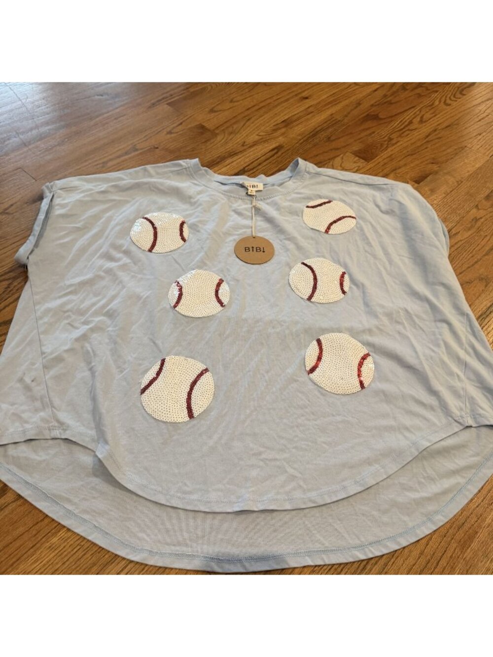 Bibi Womens Oversized Blue T Shirt Sequin Baseballs New Medium